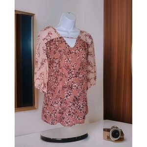 Como Blu Popover Top M Pink Floral V-neck 3/4 Sleeve Peasant Beachy Boho Hippie